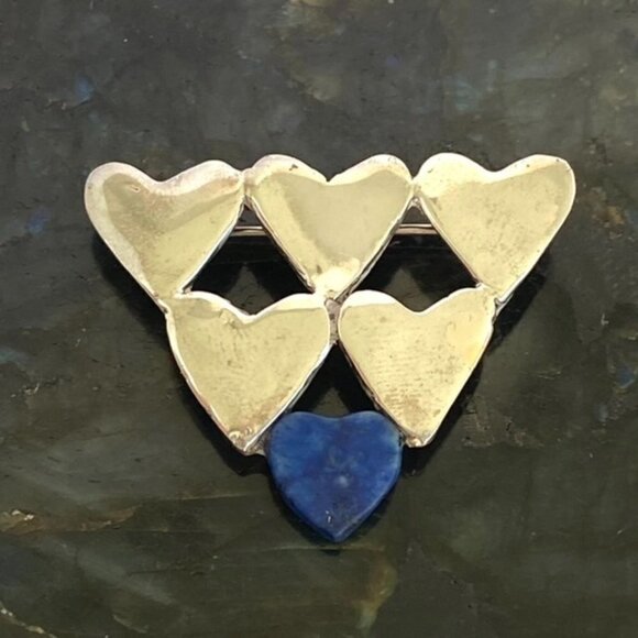 Vintage Sterling Silver 925 1.5" Stacked Hearts Blue Lapis Brooch - Picture 4 of 16